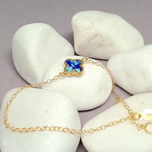Solid Gold Opal Bracelet,  October Birthstone, Four Leaf Clover Opal Bracelet, Blue Opal Bracelet, Mothers Day Gift