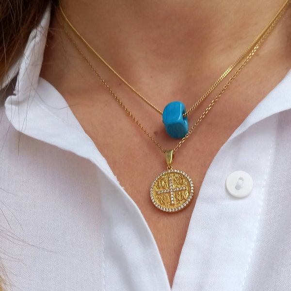 Set of 2 Necklaces, Turquoise Pendant, Cube Necklace, Greek Byzantine Necklace, Constantinato, ICXN Pendant, Double Necklace