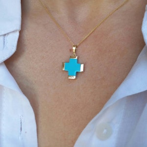 14k Solid Gold Turquoise Cross Necklace, 14k Solid Yellow Gold, Blue Gemstone Necklace, Turquoise, Gold Cross Crucifix, Minimalist Cross