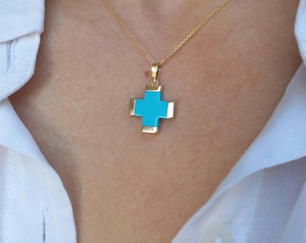 14k Solid Gold Turquoise Cross Necklace