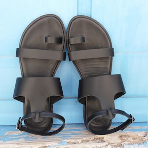 Slingback T-Strap Black Leather Sandals, Gift for Her, Flat Leather Sandals, Black Leather Sandals, Summer Gift, Black Comfort Sandals