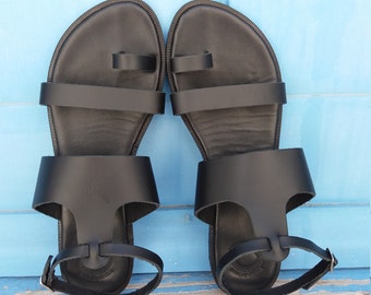 Slingback T-Strap Black Leather Sandals