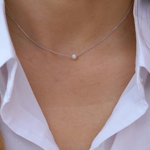 14k White Gold Pearl Necklace: Single Floating Freshwater Pearl