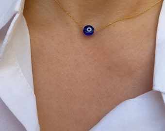 Evil Eye Necklace, 14K Gold Plated, Round Blue Evil Eye,  Protection Necklace, Glass Eye, Blue Evil Eye Necklace, Navy Eye,Talisman Necklace