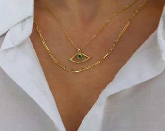 Green Evil Eye Necklace / Paperclip Chain Necklace