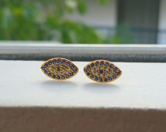 Evil Eye Stud Earrings: 14k Gold Plated, Cubic Zirconia Jewelry