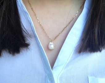 Baroque Pearl Necklace, Paperclip Link Chain Necklace, Gold Filled Necklace, Bridesmaid Gift, Wedding Necklace, White Pearl  Pendant