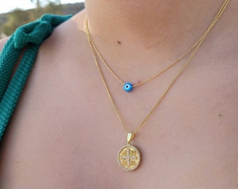 Set of 2 Gold Layered, Blue Opal Evil Eye Necklace, Constantinato Coin Christian Necklace, 14k Gold Filled Necklaces, Mother's Day Gift