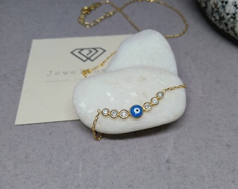 Small Round Blue Evil Eye Necklace / Zircon Beads