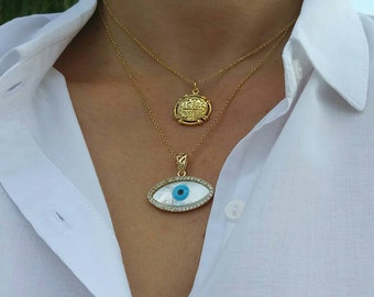 Layered Gold Filled Christian&Zircon Evil Eye Necklaces Set