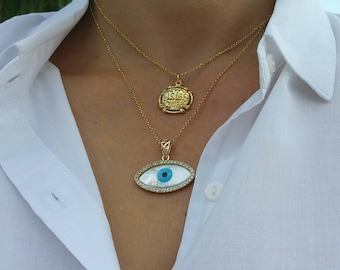 Layered Gold Filled Christian&Zircon Evil Eye Necklaces Set