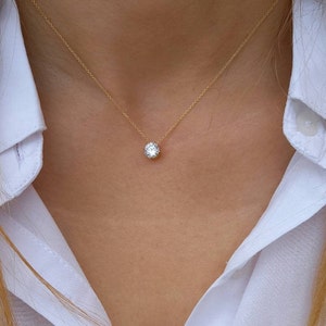 Solid Gold Diamond Necklace, Floating Diamond Necklace, Solitaire CZ Necklace, Single Diamond, Simulated Diamond Necklace, Minimalist, Charm