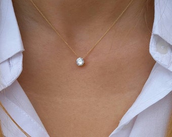 Massief gouden diamanten halsketting, drijvende diamanten halsketting, Solitaire CZ ketting, enkele diamant, gesimuleerde diamanten halsketting, minimalistisch, charme