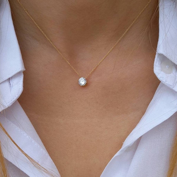 Massief gouden diamanten halsketting, drijvende diamanten halsketting, Solitaire CZ ketting, enkele diamant, gesimuleerde diamanten halsketting, minimalistisch, charme