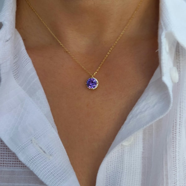 Purple Floating Diamond Necklace, Charm Necklace,Amethyst Necklace, Dainty Diamond Necklace, Crown Necklace, Gifts for Her, Mother Day gift