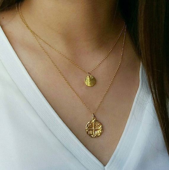Hammered Disk Necklace Gold Necklace 14k Gold Plated Layered