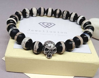 Skull Bracelet, Black and White Agate Gemstones, Father's Day Gift, Gift for him, Trendy Bracelet, Men's Gift