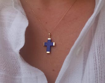 14k Solid Gold Lapis Lazuli Cross Necklace