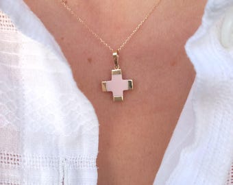 14k Solid Gold Pink Coral Cross Necklace