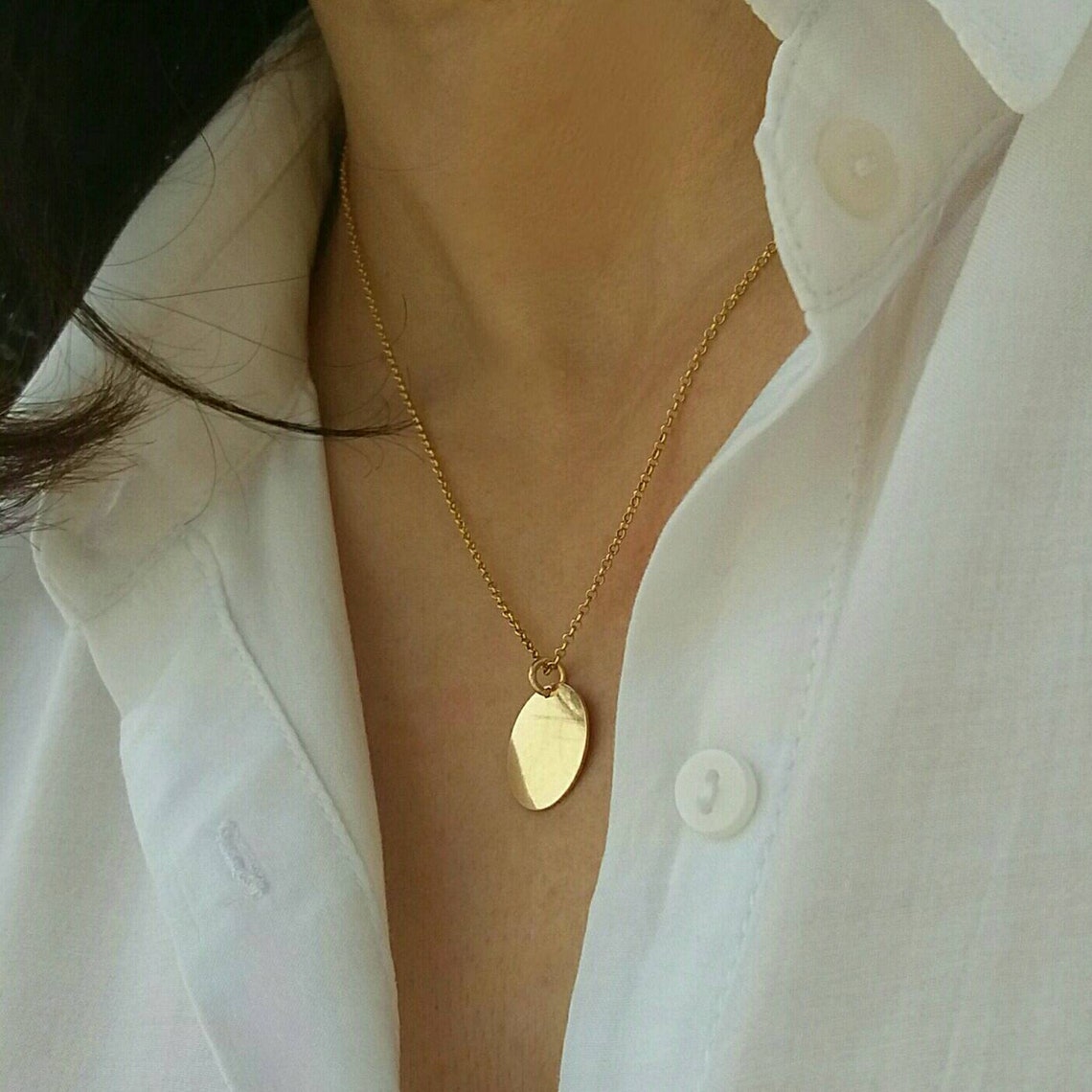 Solid Gold Disc Necklace Initial Necklace Personalized Etsy