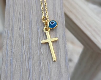 Gold Cross Necklace With Tiny Evil Eye, Christian Necklace, Simple Cross, Blue Evil Eye, Tiny Cross, Minimalist,Tiny Gold Cross and Bead Eye