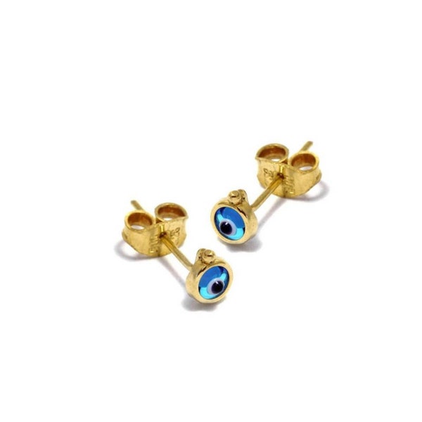 Solid Gold Evil Eye Stud Earrings, Circle Evil Eye, Minimalist, Stud Earrings with Real 14k Gold Butterfly Backings, Tiny Blue Bead Earrings