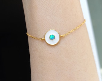 Tiny Opal and Ivory Evil Eye 14k Gold Plated Bracelet