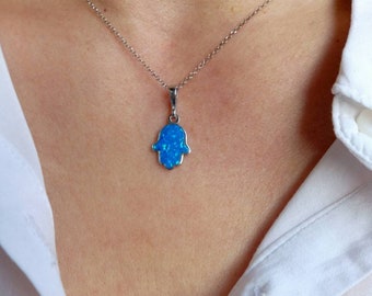 Opal Hamsa Necklace, Hamsa Choker Necklace, Religious Necklace,Hand of Hamsa, Blue Hamsa Pendant, Silver Fatima Hand, Amulet Necklace