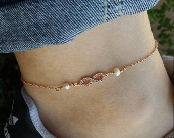 Infinity Pearl Anklet, Cubic Zirconia  Rose Anklet, Bridesmaid Gift, Love Anklet, Geometric Jewelry, Eight Figure Αnklet, Eternity Anklet