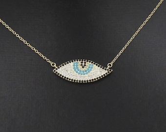 Rose Gold Almond Blue Zircon Evil Eye Necklace