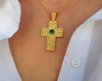 Byzantine Cross Necklace, Greek Christian Necklace, Green Emerald Gemstone Necklace, Gold Cross with Green CZ, Religious Jewelry