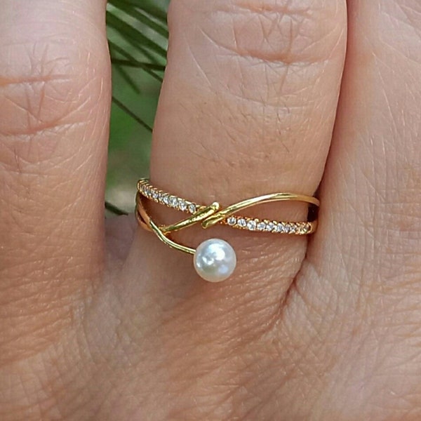Pearl Crossover CZ Ring, Natural Pearl, Adjustable Ring, 925  Silver Ring, Stacking Ring, Minimalist, Crossover Ring, Mother's Day Gift