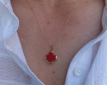 Solid Gold Coral Cross Necklace