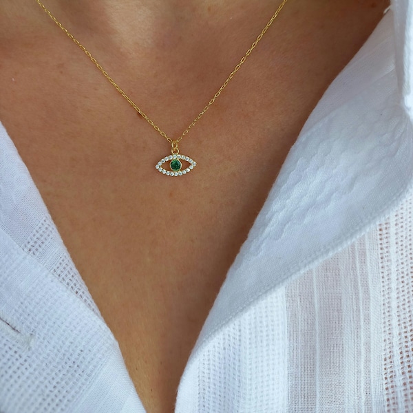 Green Evil Eye Necklace, Dainty 14k Gold Filled Necklace, Greek Jewelry, Bridesmaid Gift, Emerald Pendant, Mother's Day Gift, Charm Necklace