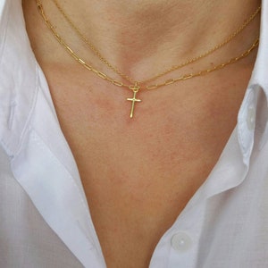 Gold Plated Layered Necklace Set: Cross Pendant, Link Chain