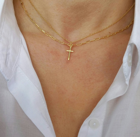 Gold Plated Layered Necklace Set: Cross Pendant, Link Chain