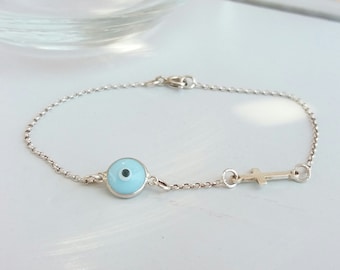 Light Blue Evil Eye & Cross Bracelet