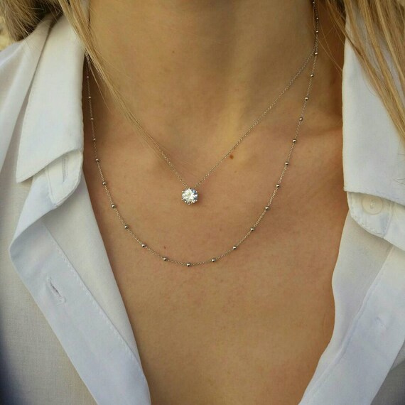 Floating Diamond Necklace/ Bridesmaid Gift/ Single Stone Necklace/Diamond Solitaire Necklace/ Diamond Bezel/Crown Necklace/Prong Necklace