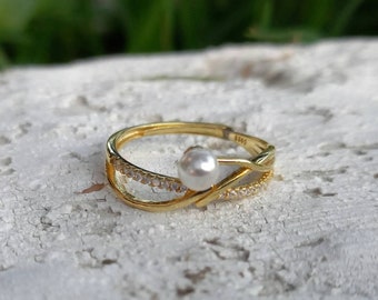 Pearl Crossover CZ Ring