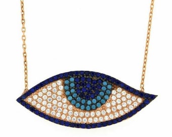 Rose Gold Almond Blue Zircon Evil Eye Necklace