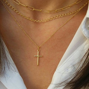Gold Plated Layered Necklace Set: Cross Pendant, Link Chain