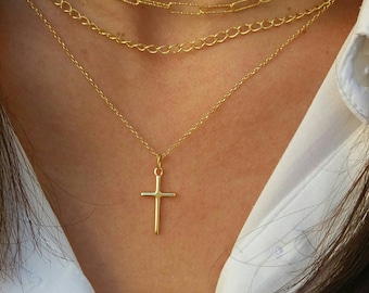 Layered Chain / Dainty Cross Necklaces Set