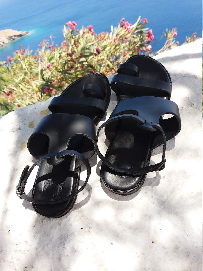 Handmade in Greece Black Sandals Strappy Sandals T-Strap Leather Sandals Free Express Shipping Greek Leather Sandals Genuine Leather
