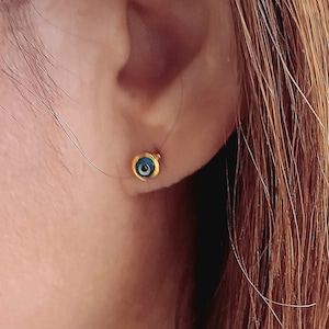 Solid Gold Evil Eye Stud Earrings, Circle Evil Eye, Minimalist, Stud Earrings with Real 14k Gold Butterfly Backings