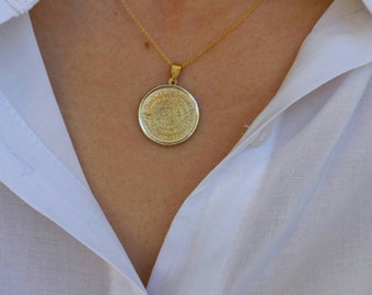Solid Gold Phaistos Disc, Ancient Greek Coin Pendant, Cretan Jewelry, Floating Necklace, Phaistos Disc Double Sided, Phaistos Disque