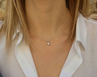 Floating Diamond Bridal Set, Single Cubic Zirconia Necklace, CZ stud earrings,  Diamond Prong Necklace, Gifts for Her