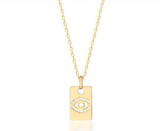 Evil Eye Square Necklace, Initial Tag 14kGold Plated Necklace, Protection Necklace, High-Quality 925 Sterling Silver Chain, Lucky Charm