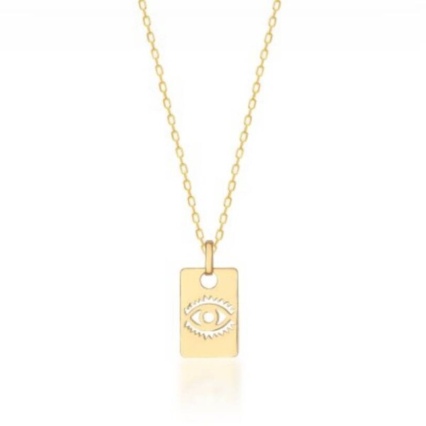 Evil Eye Square Necklace, Initial Tag 14kGold Plated Necklace, Protection Necklace, High-Quality 925 Sterling Silver Chain, Lucky Charm