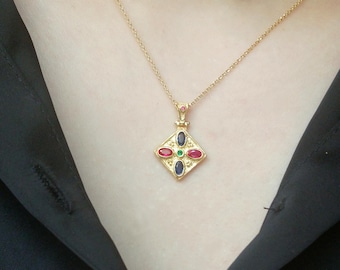 Colorful Cubic Zirconia Necklace: 14k Gold Plated Sterling Silver Pendant