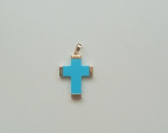 14k Solid Gold Turquoise Long Cross Necklace